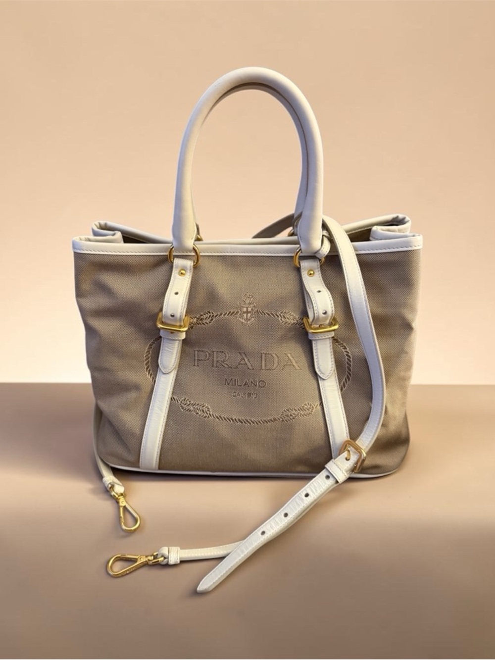 Prada Beige Canvas Tote with White Leather Trim
